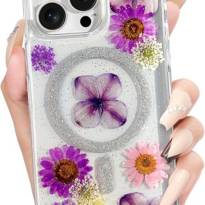 Loheckle for iPhone 16 Pro Case Women - Compatible with MagSafe Girl Cute Glitter Dried Flower Floral Girly Aesthetic Sparkle Unique Design Handmade Phone Cover for Apple 16 Pro 6.3", Purple