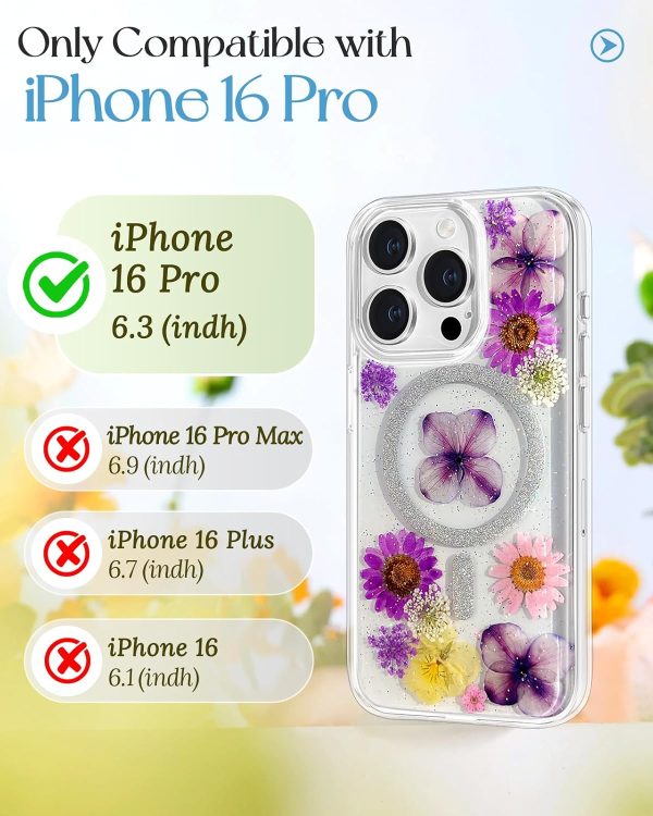 Loheckle for iPhone 16 Pro Case Women - Compatible with MagSafe Girl Cute Glitter Dried Flower Floral Girly Aesthetic Sparkle Unique Design Handmade Phone Cover for Apple 16 Pro 6.3", Purple - Image 2