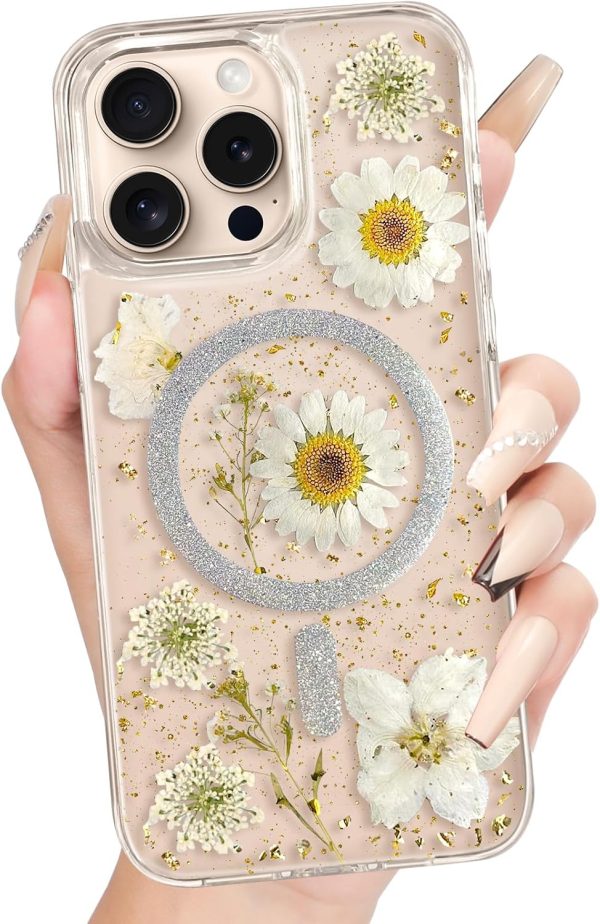 Loheckle for iPhone 16 Pro Case Women - Compatible with MagSafe Girl Cute Glitter Dried Flower Floral Girly Aesthetic Sparkle Unique Design Handmade Phone Cover for Apple 16 Pro 6.3", Purple - Image 7