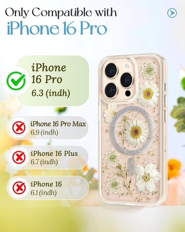 Loheckle for iPhone 16 Pro Case Women - Compatible with MagSafe Girl Cute Glitter Dried Flower Floral Girly Aesthetic Sparkle Unique Design Handmade Phone Cover for Apple 16 Pro 6.3", Purple - Image 8