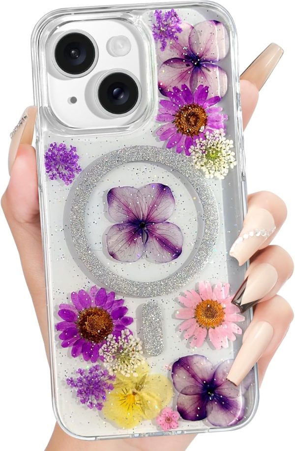 Loheckle for iPhone 16 Pro Case Women - Compatible with MagSafe Girl Cute Glitter Dried Flower Floral Girly Aesthetic Sparkle Unique Design Handmade Phone Cover for Apple 16 Pro 6.3", Purple - Image 19