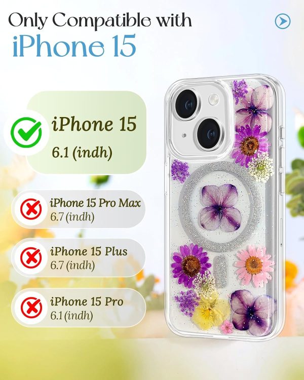 Loheckle for iPhone 16 Pro Case Women - Compatible with MagSafe Girl Cute Glitter Dried Flower Floral Girly Aesthetic Sparkle Unique Design Handmade Phone Cover for Apple 16 Pro 6.3", Purple - Image 20