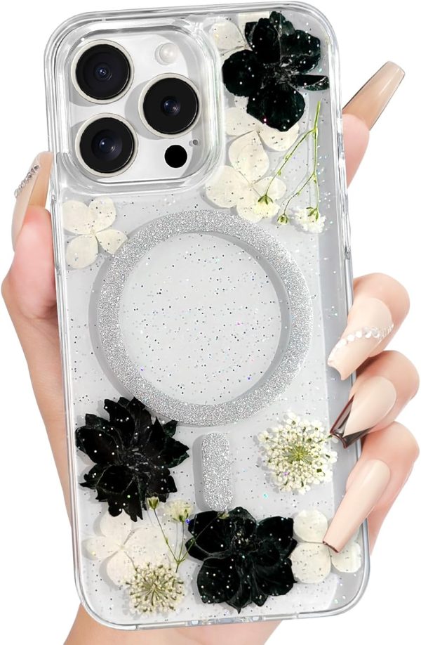 Loheckle for iPhone 16 Pro Case Women - Compatible with MagSafe Girl Cute Glitter Dried Flower Floral Girly Aesthetic Sparkle Unique Design Handmade Phone Cover for Apple 16 Pro 6.3", Purple - Image 23