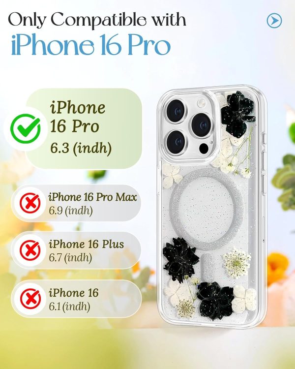 Loheckle for iPhone 16 Pro Case Women - Compatible with MagSafe Girl Cute Glitter Dried Flower Floral Girly Aesthetic Sparkle Unique Design Handmade Phone Cover for Apple 16 Pro 6.3", Purple - Image 24