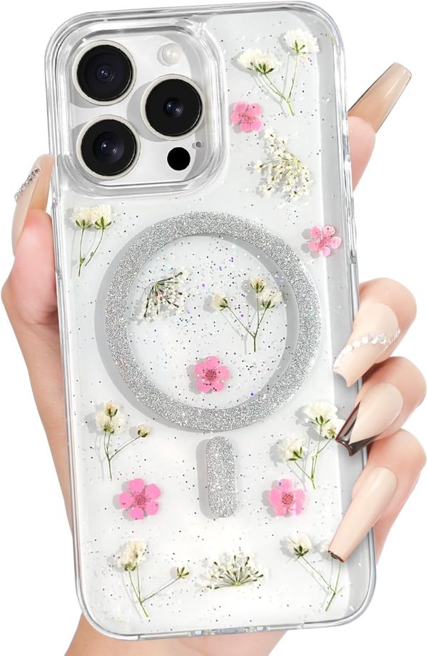Loheckle for iPhone 16 Pro Case Women - Compatible with MagSafe Girl Cute Glitter Dried Flower Floral Girly Aesthetic Sparkle Unique Design Handmade Phone Cover for Apple 16 Pro 6.3", Purple - Image 27