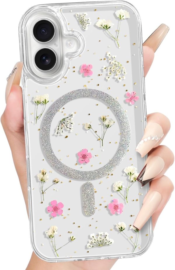 Loheckle for iPhone 16 Pro Case Women - Compatible with MagSafe Girl Cute Glitter Dried Flower Floral Girly Aesthetic Sparkle Unique Design Handmade Phone Cover for Apple 16 Pro 6.3", Purple - Image 37