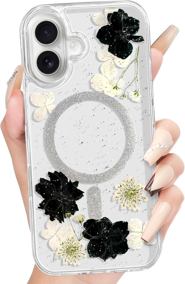 Loheckle for iPhone 16 Pro Case Women - Compatible with MagSafe Girl Cute Glitter Dried Flower Floral Girly Aesthetic Sparkle Unique Design Handmade Phone Cover for Apple 16 Pro 6.3", Purple - Image 43