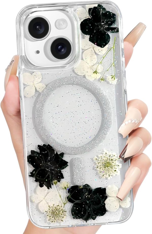 Loheckle for iPhone 16 Pro Case Women - Compatible with MagSafe Girl Cute Glitter Dried Flower Floral Girly Aesthetic Sparkle Unique Design Handmade Phone Cover for Apple 16 Pro 6.3", Purple - Image 45