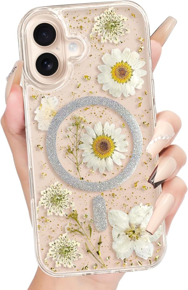 Loheckle for iPhone 16 Pro Case Women - Compatible with MagSafe Girl Cute Glitter Dried Flower Floral Girly Aesthetic Sparkle Unique Design Handmade Phone Cover for Apple 16 Pro 6.3", Purple - Image 50