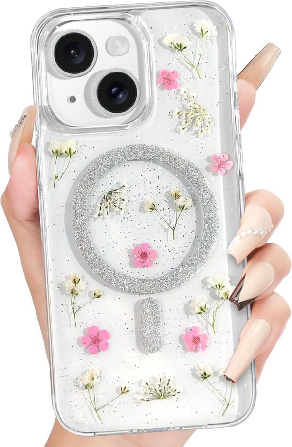Loheckle for iPhone 16 Pro Case Women - Compatible with MagSafe Girl Cute Glitter Dried Flower Floral Girly Aesthetic Sparkle Unique Design Handmade Phone Cover for Apple 16 Pro 6.3", Purple - Image 55