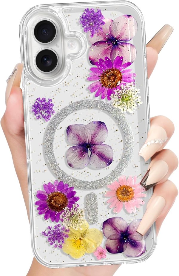 Loheckle for iPhone 16 Pro Case Women - Compatible with MagSafe Girl Cute Glitter Dried Flower Floral Girly Aesthetic Sparkle Unique Design Handmade Phone Cover for Apple 16 Pro 6.3", Purple - Image 64