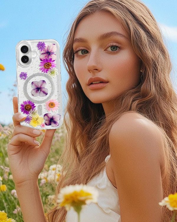 Loheckle for iPhone 16 Pro Case Women - Compatible with MagSafe Girl Cute Glitter Dried Flower Floral Girly Aesthetic Sparkle Unique Design Handmade Phone Cover for Apple 16 Pro 6.3", Purple - Image 67