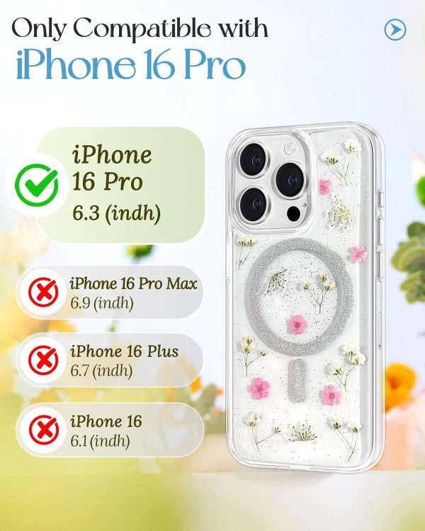 Loheckle for iPhone 16 Pro Case Women - Compatible with MagSafe Girl Cute Glitter Dried Flower Floral Girly Aesthetic Sparkle Unique Design Handmade Phone Cover for Apple 16 Pro 6.3", Purple - Image 71