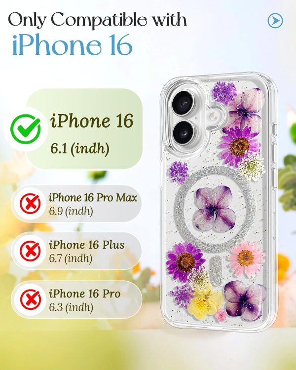 Loheckle for iPhone 16 Pro Case Women - Compatible with MagSafe Girl Cute Glitter Dried Flower Floral Girly Aesthetic Sparkle Unique Design Handmade Phone Cover for Apple 16 Pro 6.3", Purple - Image 77