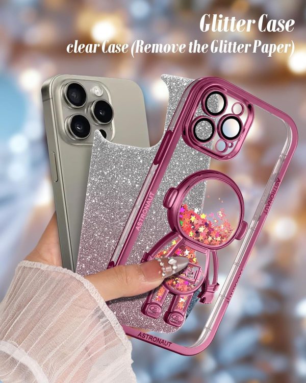 Loheckle for iPhone 15 Pro Max Case - for Women Girls Cute Glitter with Camera Lens Protector Cover Astronaut Liquid Sparkle Girly Aesthetic Bling Shiny Design Phone Case for 15 Pro Max 6.7", Pretty - Image 5