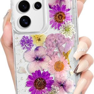 Loheckle for Samsung Galaxy S24 Ultra Case for Women - Girls Cute Glitter Dried Flower Floral Girly Aesthetic Kawaii Sparkle Sparkly Bling Unique Design Handmade Phone Cover for S24Ultra, Purple