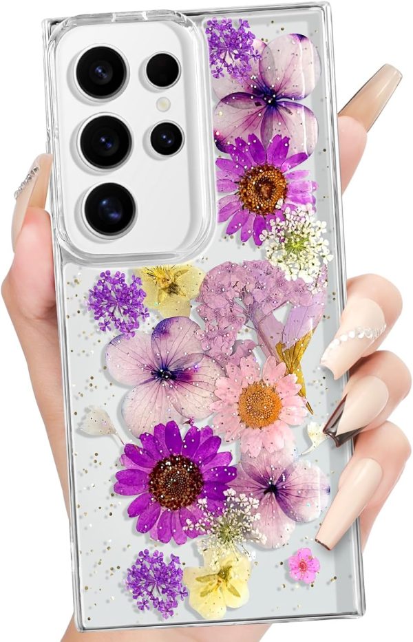 Loheckle for Samsung Galaxy S24 Ultra Case for Women - Girls Cute Glitter Dried Flower Floral Girly Aesthetic Kawaii Sparkle Sparkly Bling Unique Design Handmade Phone Cover for S24Ultra, Purple