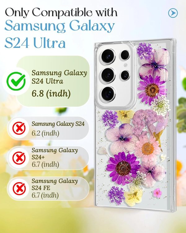 Loheckle for Samsung Galaxy S24 Ultra Case for Women - Girls Cute Glitter Dried Flower Floral Girly Aesthetic Kawaii Sparkle Sparkly Bling Unique Design Handmade Phone Cover for S24Ultra, Purple - Image 2
