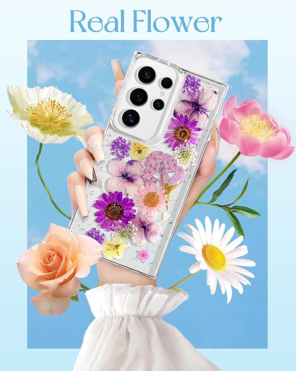 Loheckle for Samsung Galaxy S24 Ultra Case for Women - Girls Cute Glitter Dried Flower Floral Girly Aesthetic Kawaii Sparkle Sparkly Bling Unique Design Handmade Phone Cover for S24Ultra, Purple - Image 3