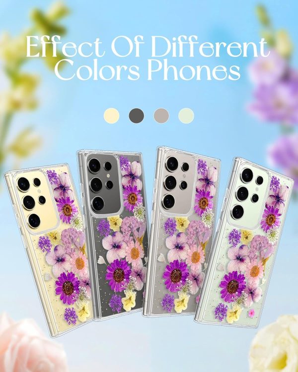 Loheckle for Samsung Galaxy S24 Ultra Case for Women - Girls Cute Glitter Dried Flower Floral Girly Aesthetic Kawaii Sparkle Sparkly Bling Unique Design Handmade Phone Cover for S24Ultra, Purple - Image 4
