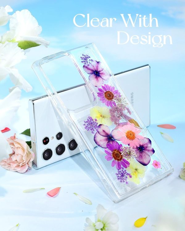 Loheckle for Samsung Galaxy S24 Ultra Case for Women - Girls Cute Glitter Dried Flower Floral Girly Aesthetic Kawaii Sparkle Sparkly Bling Unique Design Handmade Phone Cover for S24Ultra, Purple - Image 5