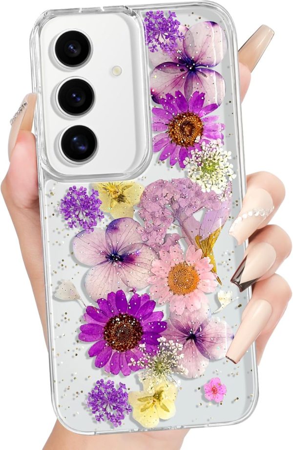 Loheckle for Samsung Galaxy S24 Ultra Case for Women - Girls Cute Glitter Dried Flower Floral Girly Aesthetic Kawaii Sparkle Sparkly Bling Unique Design Handmade Phone Cover for S24Ultra, Purple - Image 19