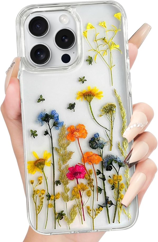 Loheckle for iPhone 16 Pro Max Case for Women - Girls Cute Glitter Dried Flower Floral Girly Aesthetic Kawaii Sparkle Sparkly Bling Unique Handmade Phone Cover for Apple 16 Promax 6.9", Simple