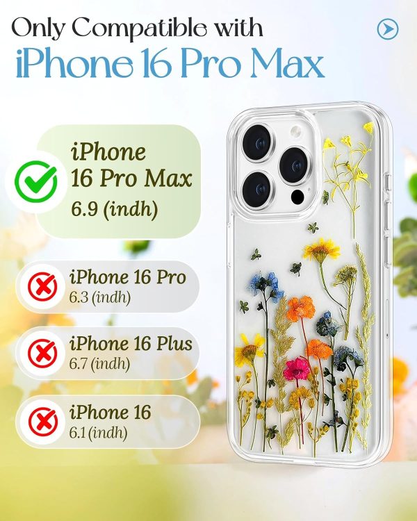 Loheckle for iPhone 16 Pro Max Case for Women - Girls Cute Glitter Dried Flower Floral Girly Aesthetic Kawaii Sparkle Sparkly Bling Unique Handmade Phone Cover for Apple 16 Promax 6.9", Simple - Image 2