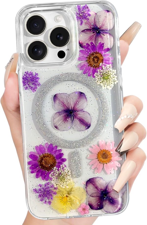 Loheckle for iPhone 16 Pro Max Case for Women - Girls Cute Glitter Dried Flower Floral Girly Aesthetic Kawaii Sparkle Sparkly Bling Unique Handmade Phone Cover for Apple 16 Promax 6.9", Simple - Image 8