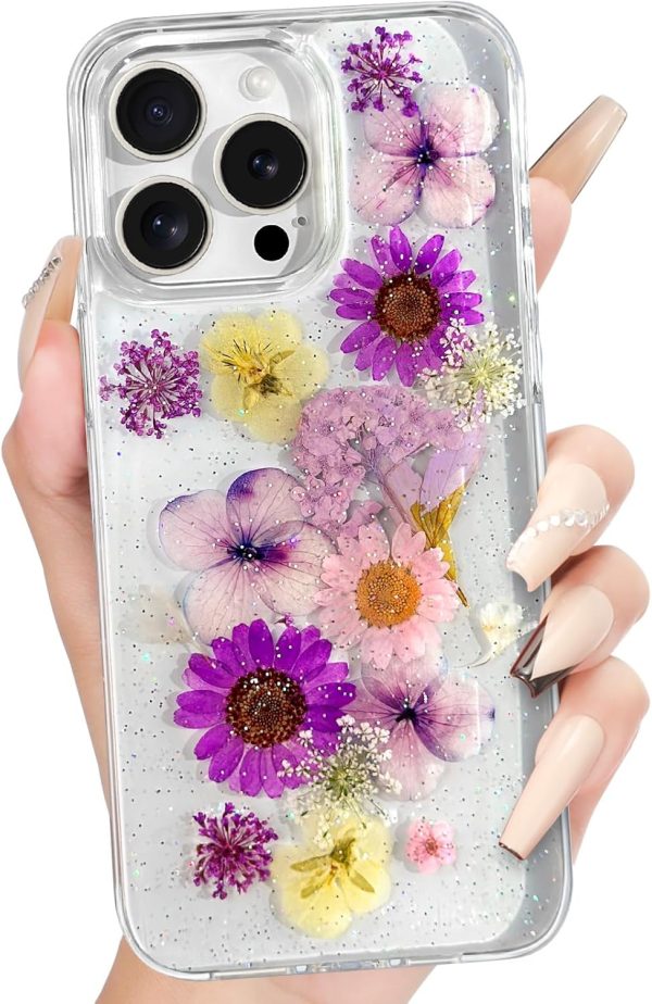 Loheckle for iPhone 16 Pro Max Case for Women - Girls Cute Glitter Dried Flower Floral Girly Aesthetic Kawaii Sparkle Sparkly Bling Unique Handmade Phone Cover for Apple 16 Promax 6.9", Simple - Image 38