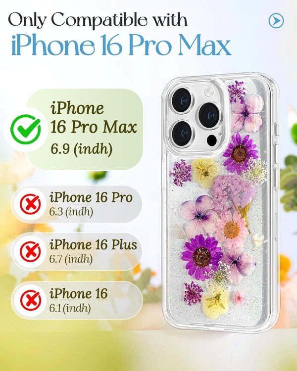 Loheckle for iPhone 16 Pro Max Case for Women - Girls Cute Glitter Dried Flower Floral Girly Aesthetic Kawaii Sparkle Sparkly Bling Unique Handmade Phone Cover for Apple 16 Promax 6.9", Simple - Image 39