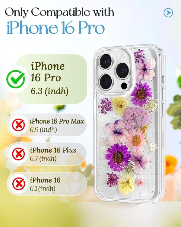 Loheckle for iPhone 16 Pro Max Case for Women - Girls Cute Glitter Dried Flower Floral Girly Aesthetic Kawaii Sparkle Sparkly Bling Unique Handmade Phone Cover for Apple 16 Promax 6.9", Simple - Image 88