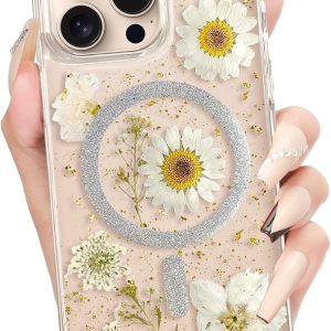 Loheckle for iPhone 15 Pro Max Case for Women - Compatible with MagSafe Girls Cute Glitter Dried Flower Floral Girly Aesthetic Sparkle Bling Unique Handmade Phone Cover for Apple 15 Pro Max 6.7",White