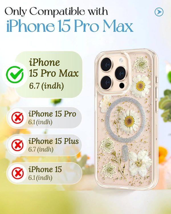 Loheckle for iPhone 15 Pro Max Case for Women - Compatible with MagSafe Girls Cute Glitter Dried Flower Floral Girly Aesthetic Sparkle Bling Unique Handmade Phone Cover for Apple 15 Pro Max 6.7",White - Image 2