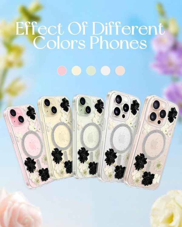 Loheckle for iPhone 15 Pro Max Case for Women - Compatible with MagSafe Girls Cute Glitter Dried Flower Floral Girly Aesthetic Sparkle Bling Unique Handmade Phone Cover for Apple 15 Pro Max 6.7",White - Image 12