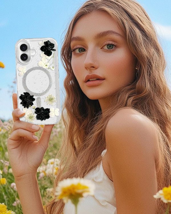 Loheckle for iPhone 15 Pro Max Case for Women - Compatible with MagSafe Girls Cute Glitter Dried Flower Floral Girly Aesthetic Sparkle Bling Unique Handmade Phone Cover for Apple 15 Pro Max 6.7",White - Image 13