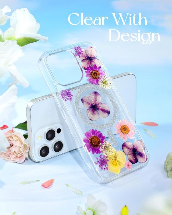 Loheckle for iPhone 15 Pro Max Case for Women - Compatible with MagSafe Girls Cute Glitter Dried Flower Floral Girly Aesthetic Sparkle Bling Unique Handmade Phone Cover for Apple 15 Pro Max 6.7",White - Image 16