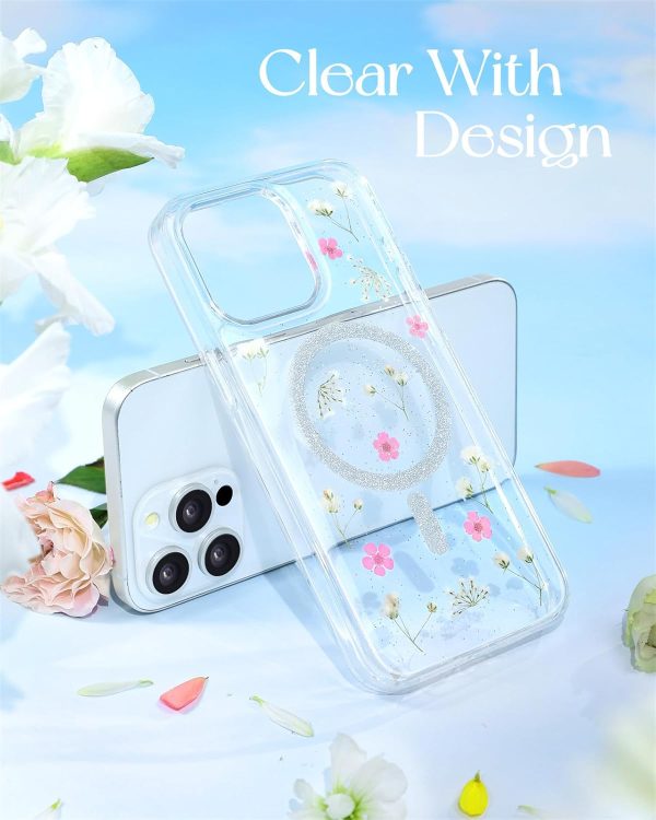 Loheckle for iPhone 15 Pro Max Case for Women - Compatible with MagSafe Girls Cute Glitter Dried Flower Floral Girly Aesthetic Sparkle Bling Unique Handmade Phone Cover for Apple 15 Pro Max 6.7",White - Image 26