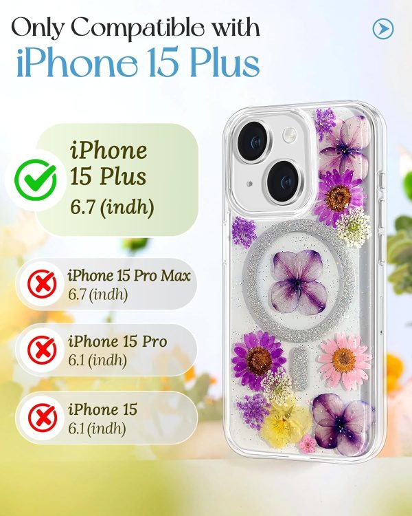 Loheckle for iPhone 15 Pro Max Case for Women - Compatible with MagSafe Girls Cute Glitter Dried Flower Floral Girly Aesthetic Sparkle Bling Unique Handmade Phone Cover for Apple 15 Pro Max 6.7",White - Image 38