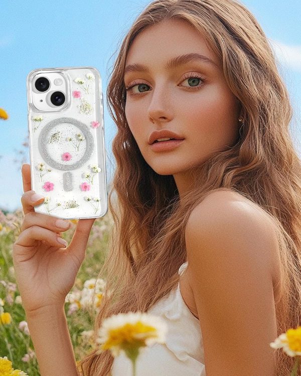 Loheckle for iPhone 15 Pro Max Case for Women - Compatible with MagSafe Girls Cute Glitter Dried Flower Floral Girly Aesthetic Sparkle Bling Unique Handmade Phone Cover for Apple 15 Pro Max 6.7",White - Image 58