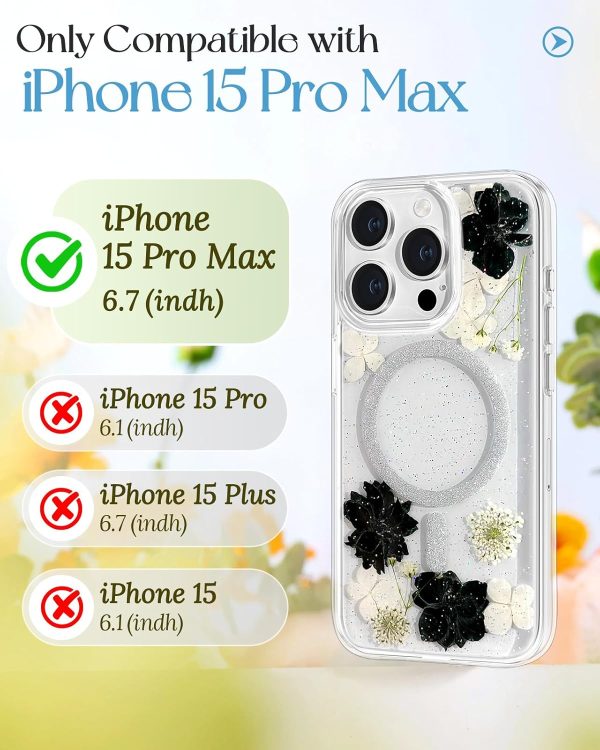 Loheckle for iPhone 15 Pro Max Case for Women - Compatible with MagSafe Girls Cute Glitter Dried Flower Floral Girly Aesthetic Sparkle Bling Unique Handmade Phone Cover for Apple 15 Pro Max 6.7",White - Image 61