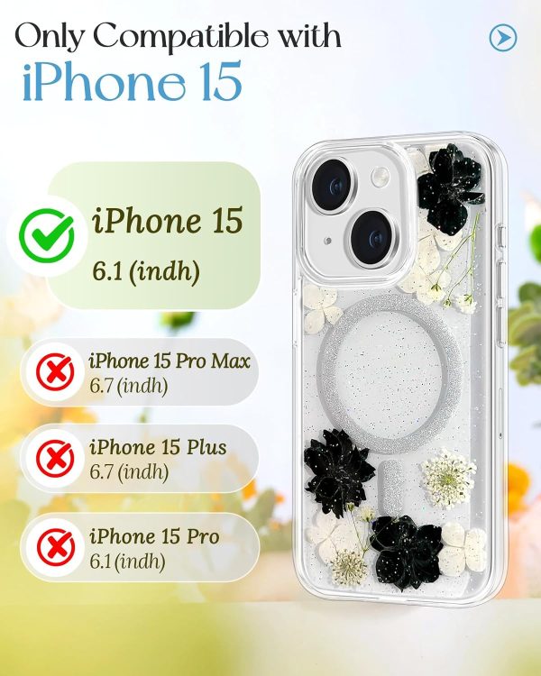 Loheckle for iPhone 15 Pro Max Case for Women - Compatible with MagSafe Girls Cute Glitter Dried Flower Floral Girly Aesthetic Sparkle Bling Unique Handmade Phone Cover for Apple 15 Pro Max 6.7",White - Image 62