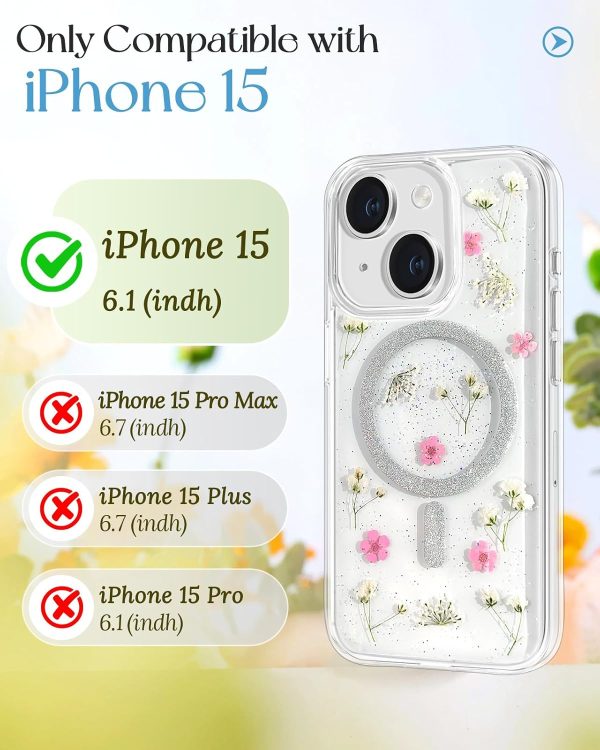 Loheckle for iPhone 15 Pro Max Case for Women - Compatible with MagSafe Girls Cute Glitter Dried Flower Floral Girly Aesthetic Sparkle Bling Unique Handmade Phone Cover for Apple 15 Pro Max 6.7",White - Image 63