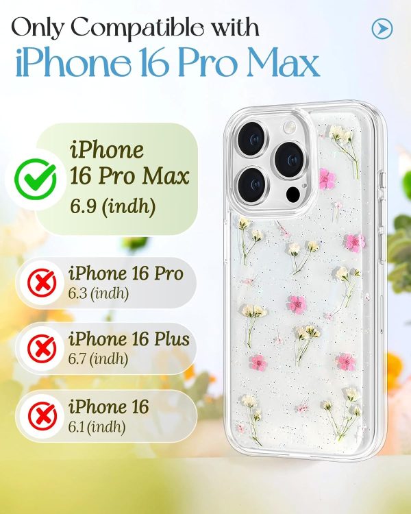 Loheckle for iPhone 16 Pro Max Case for Women - Girls Cute Glitter Dried Flower Floral Girly Aesthetic Kawaii Sparkle Sparkly Bling Unique Handmade Phone Cover for Apple 16 Promax 6.9", Simple - Image 154