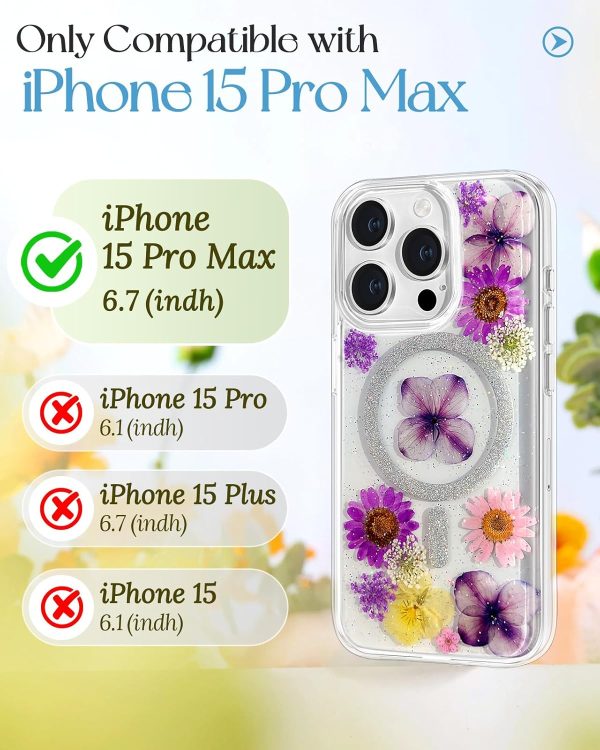 Loheckle for iPhone 15 Pro Max Case for Women - Compatible with MagSafe Girls Cute Glitter Dried Flower Floral Girly Aesthetic Sparkle Bling Unique Handmade Phone Cover for Apple 15 Pro Max 6.7",White - Image 76